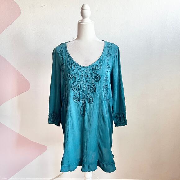 Soft Surroundings Blue Embroidered Tunic Top Boho Cottagecore Artsy Medium - Picture 1 of 7